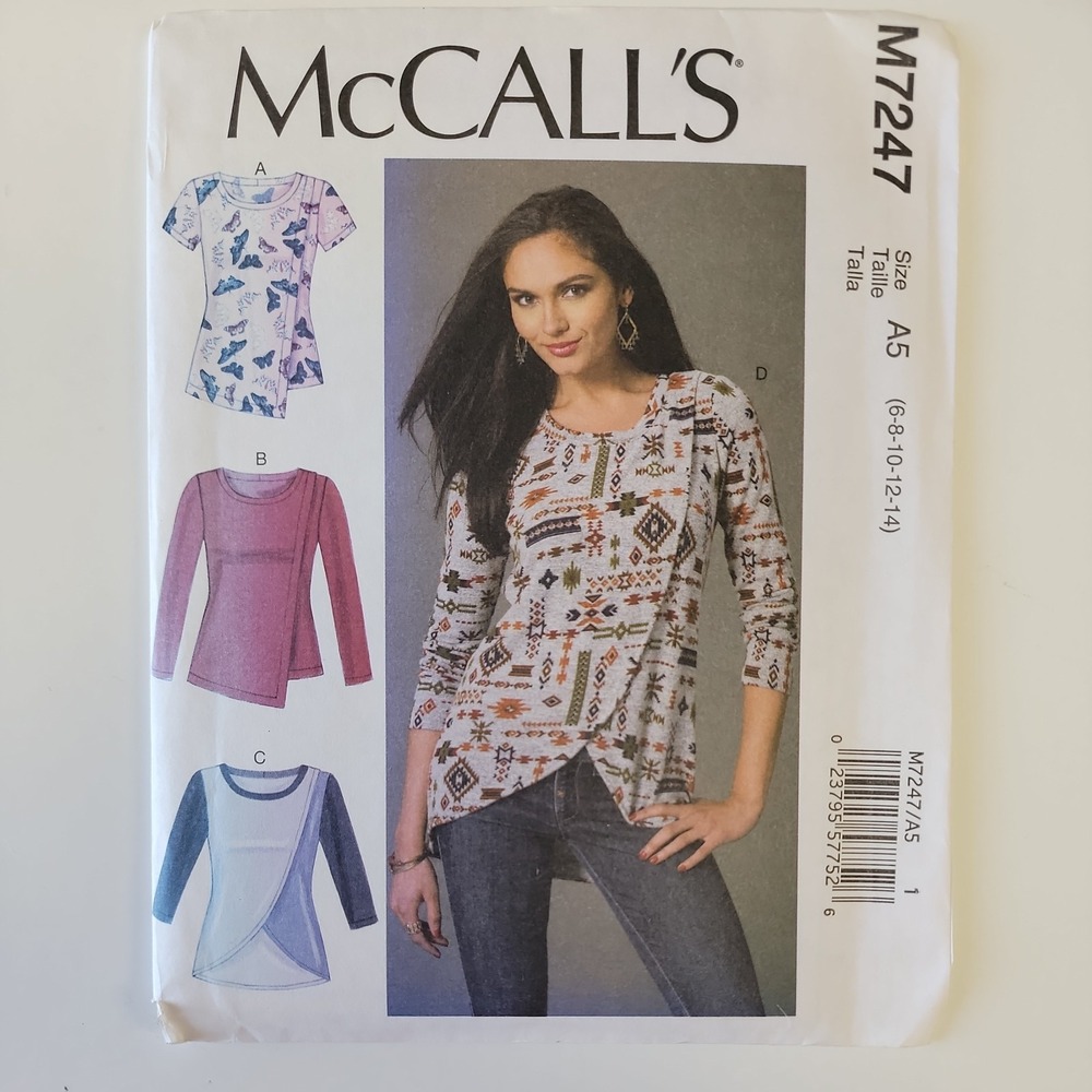 McCalls M7247 Womens Knit Top Sewing Pattern 6-14 Tulip Hem Overlay OOP UNCUT